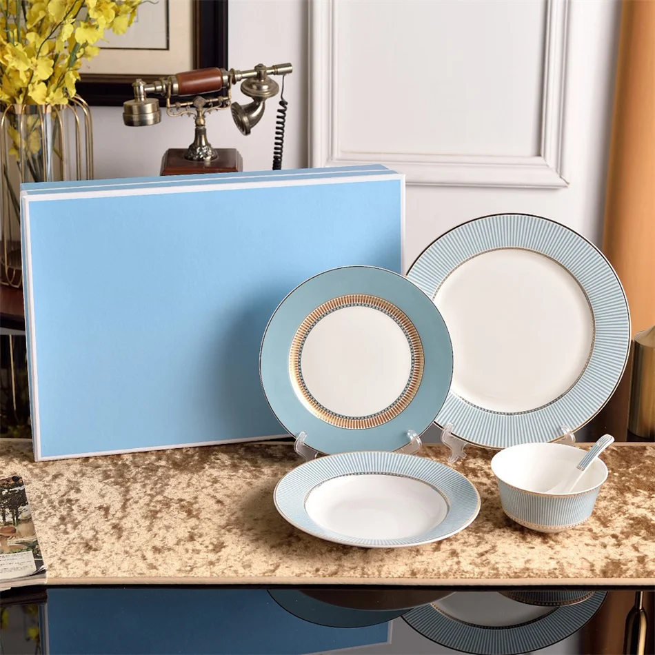 European Bone china Dinner Plates Household Bowls sets with Blue Stripes and Gold-painted Craft