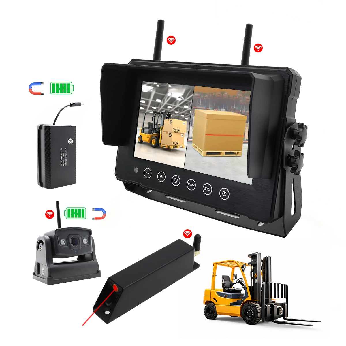 

7-дюймовый водонепроницаемый 1080P HD DVR 4-канальный беспроводной вилочный погрузчик IP69 со встроенным аккумулятором Система камеры Магнитная камера для вилочного погрузчика