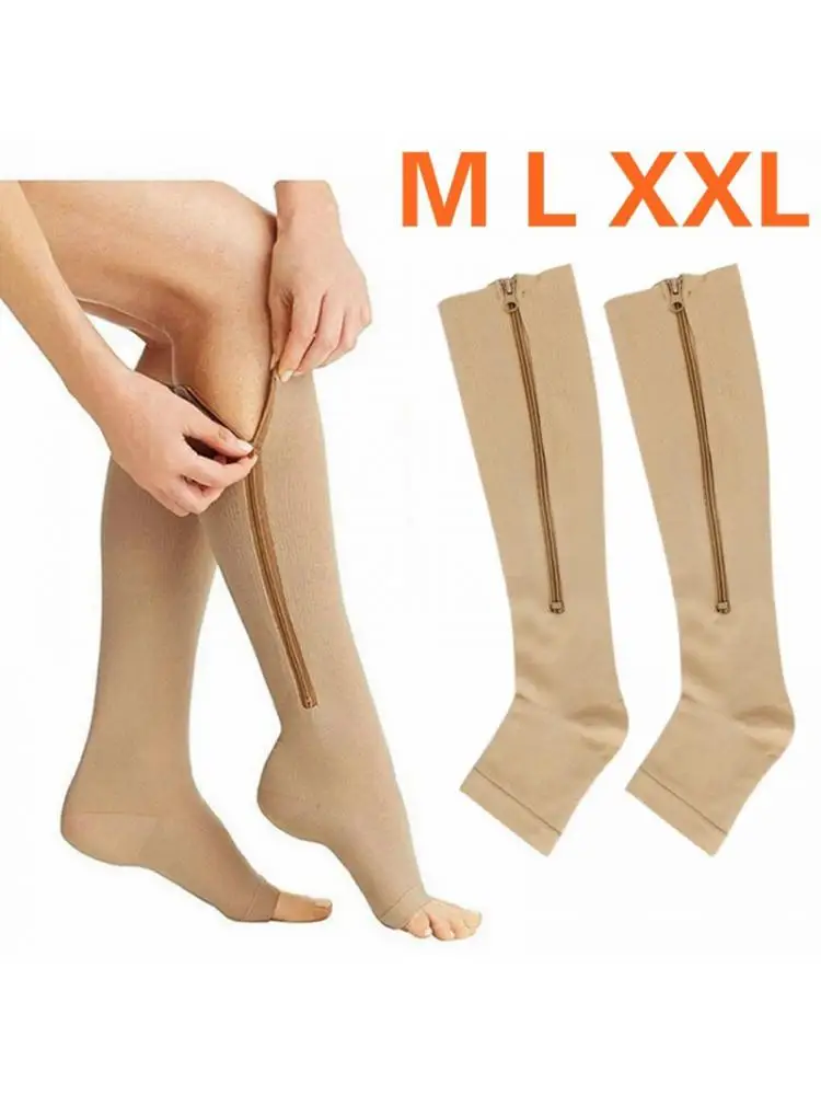 Women Compression Socks Sports Pressure Long Cycling Zipper Professional Leg Support Thick Socks 20-30mmhg Khaki Black L/XL XXL