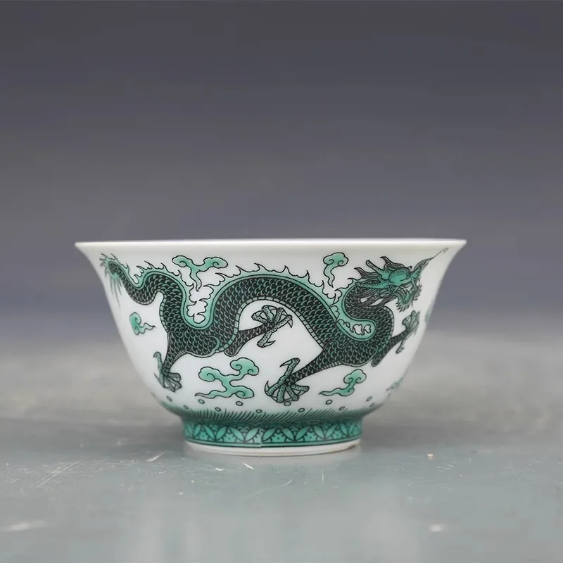Chinese Blue and White Porcelain Teacup Cup Jingdezhen Green Dragon Pattern 3.5