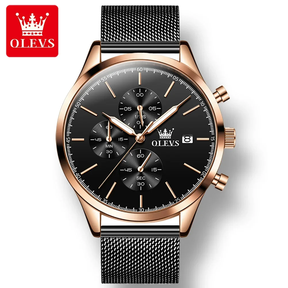 

OLEVS 2881 Fashion Watch for Men Quartz Multifunctional Three-dials Stainless Steel Strap Men Wristwatches Luminous Calendar