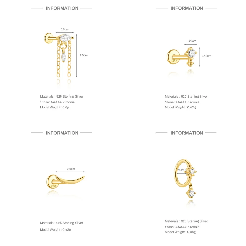 BOAKO 925 فضة كوريا شرابة/الهلال القمر قرط الاذن المرصع للمرأة 18K الذهب اللون شقة عودة ثقب القرط مجوهرات #5