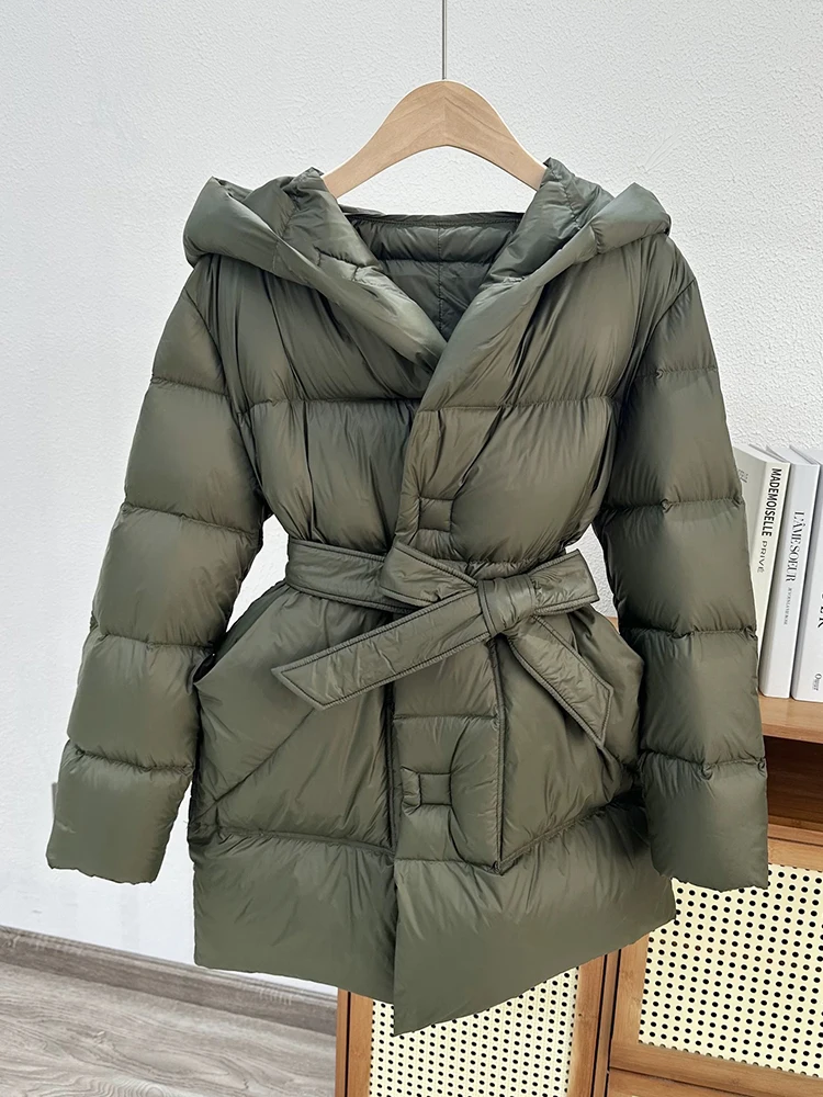 [LANMREM] Fashion Winter Duck\'s Down Warm Cotton Padded Coat Women\'s Hooded Belt Gathered Waist Jackets Fashion New Clothing