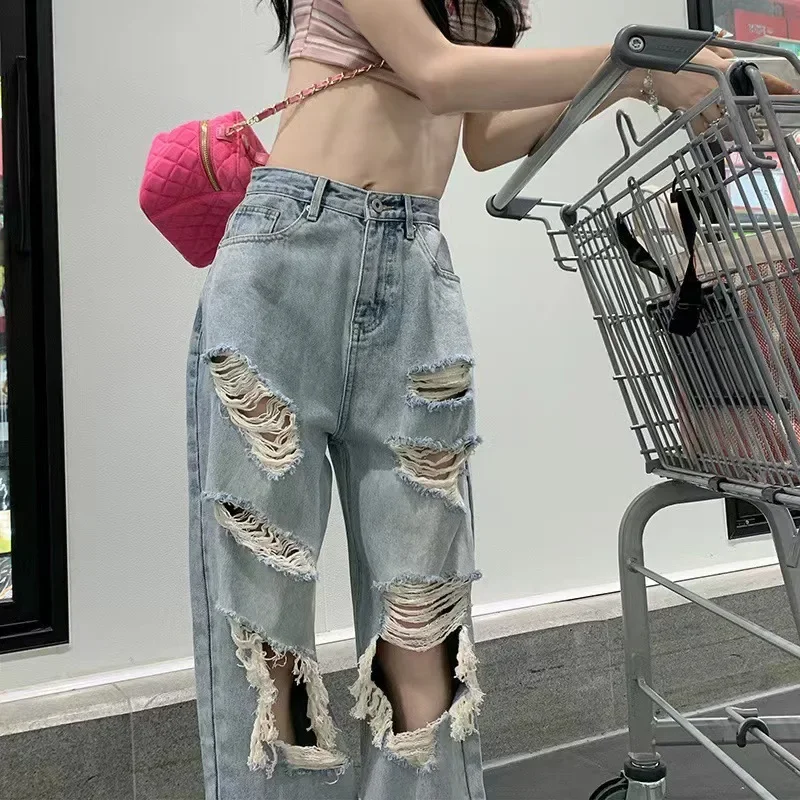 Trou jean femmes droit Denim jambe large pantalon poches bouton fermeture éclair mouche Vintage Streetwear femme pantalon en détresse Denims