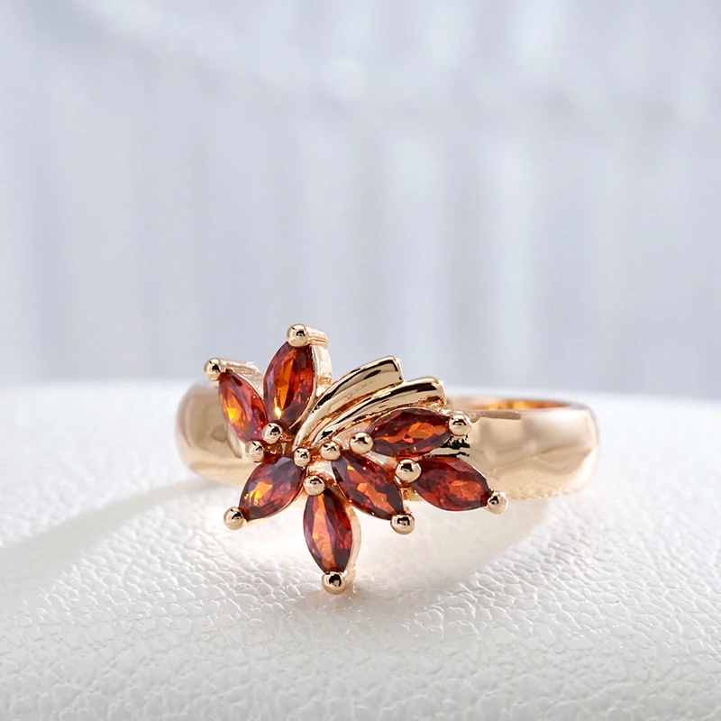 Kinel New Red Natural Zircon Flower Ring for Women 585 Rose Gold Ethnic Bride Rings High Quality Daily Fine Vintage Jewelry