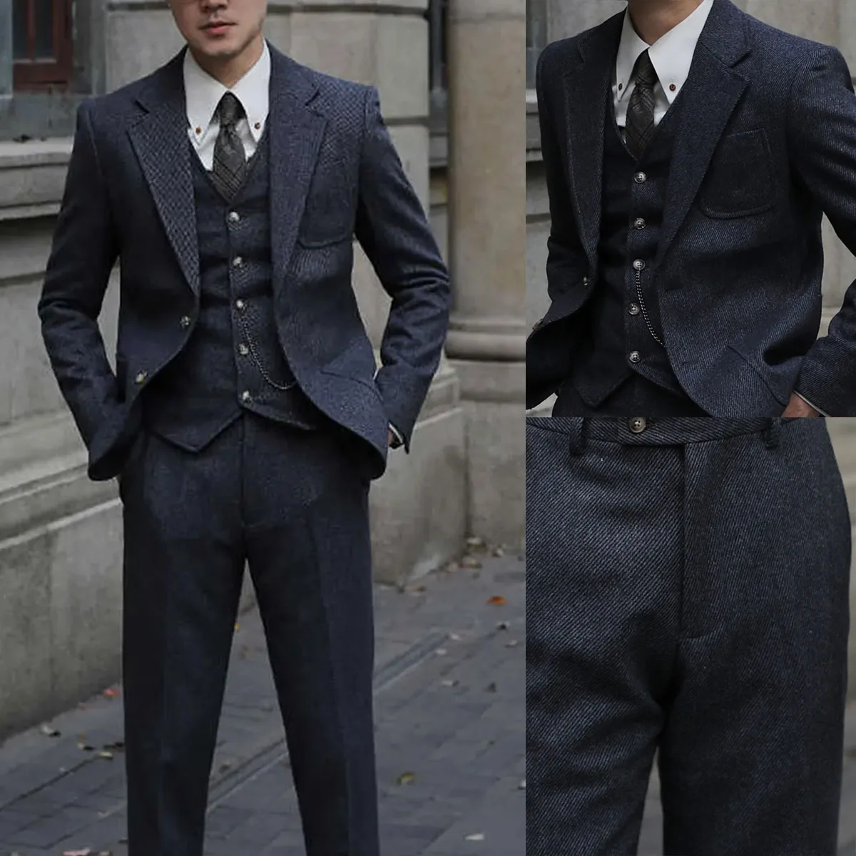 Retro British Herringbone Slim-Fit Suit Three-Piece Peak Lapel Tweed Prom Tuxedos For Wedding Groomsmen (Blazer+Vest+Pants)