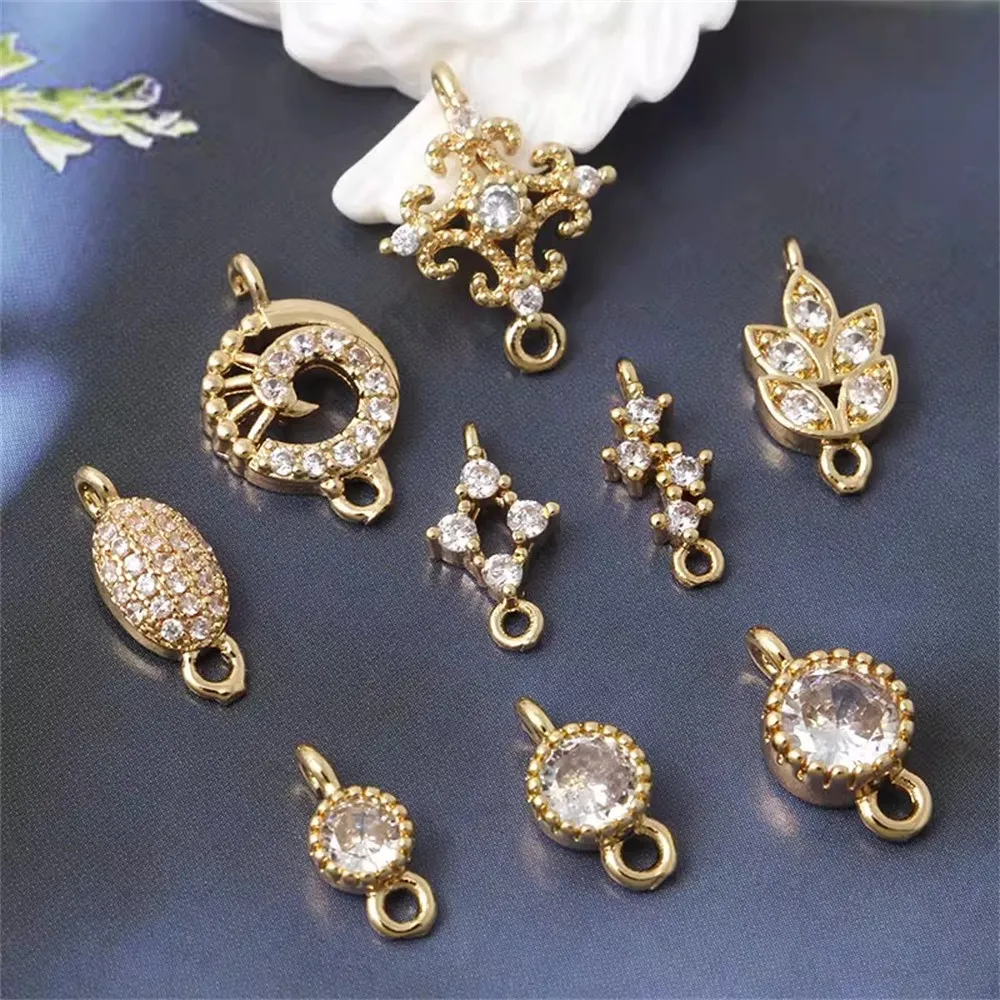 

Copper Plated with Real Gold Zircon Diamond Leaf Round Double Pendant DIY Handmade Jewelry Stud Earrings Accessory Materials