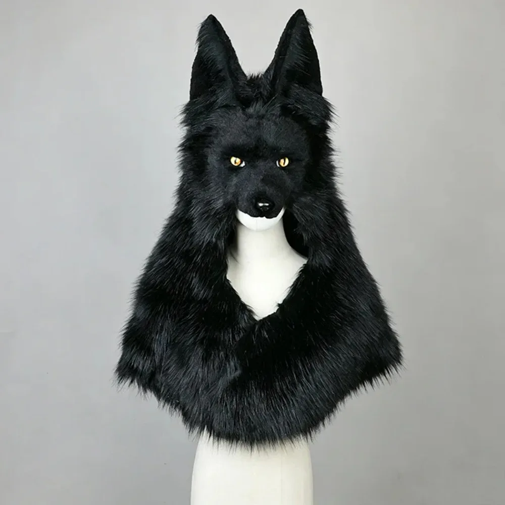 Halloween Party Comic Exhibition Performance Viking Style Simulation Black Wolf Head Plush Hat Mask Costume Prop