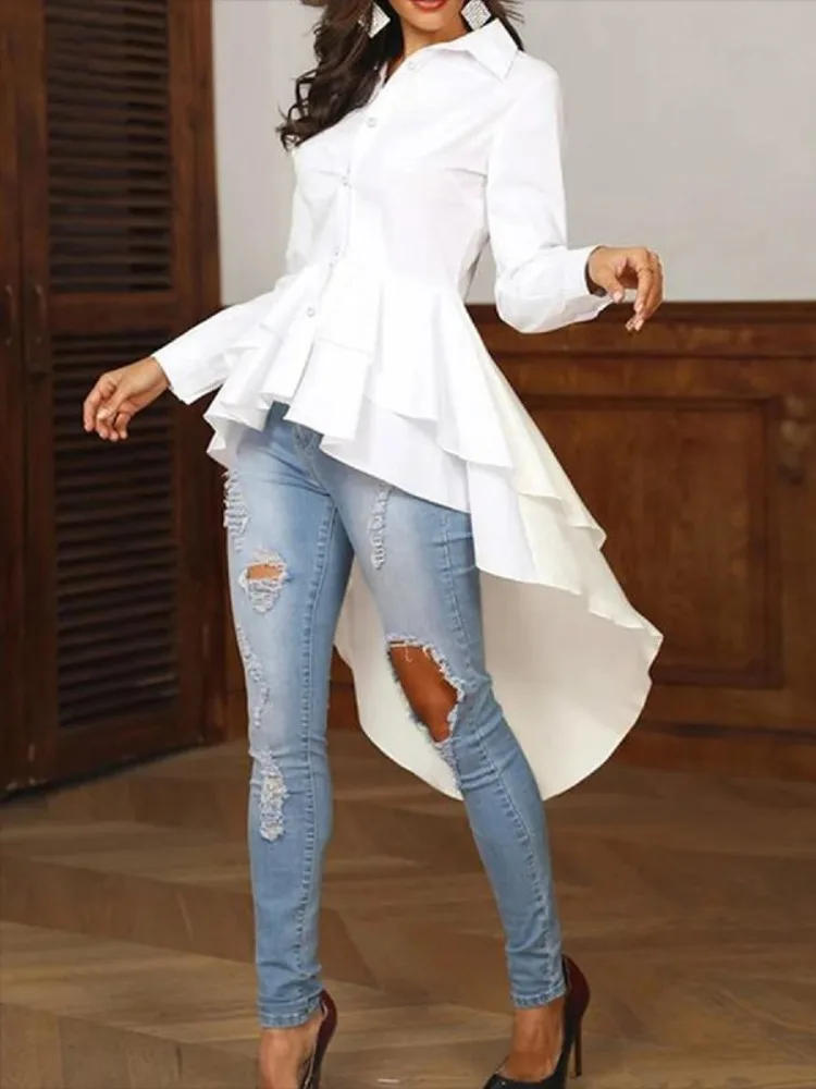 Yeezzi Women's High-Low Falbala Lapel A-line Blouses 2025 New Long Sleeves Buttoned Solid Color Trendy Casual Cotton Shirts Tops