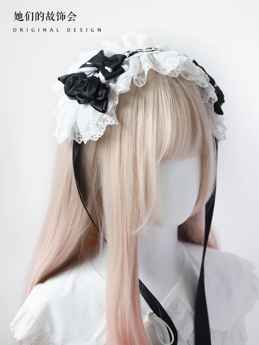 Handmade Gothic Lolita Black White Rose Flower Bow Barrettes Nololita Female Girls Billycock Lace Hair Band Hair Clips