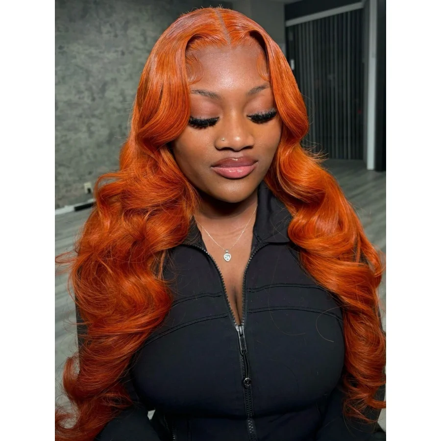 200% 34 pulgadas jengibre naranja cuerpo onda 13x4 pelucas frontales de encaje transparente brasileño prearrancado con pelo de bebé # 350 colores