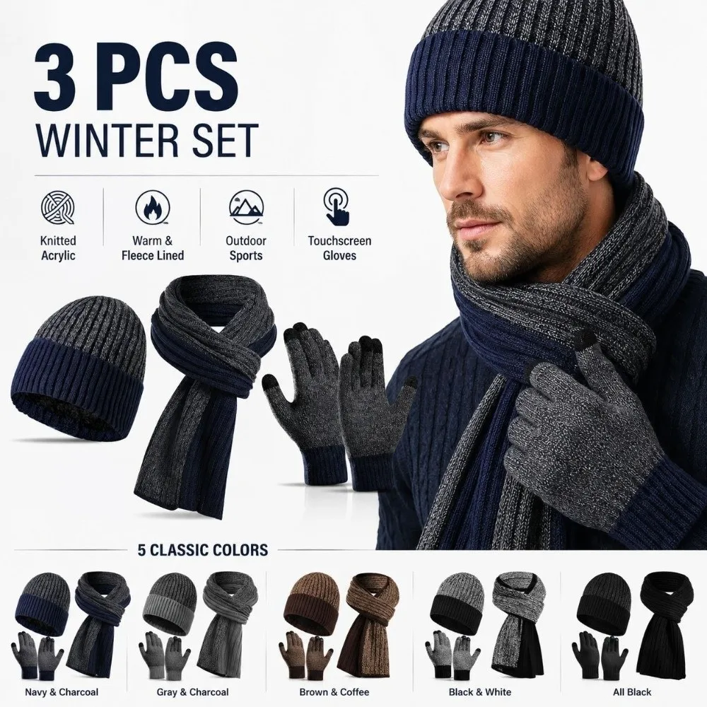 3Pcs/Set Warm Winter Hat Scarf Gloves Set Non Slip Lining Knit Beanie Snood Set Soft Windproof Scarf Neck Warmer Suit for Men
