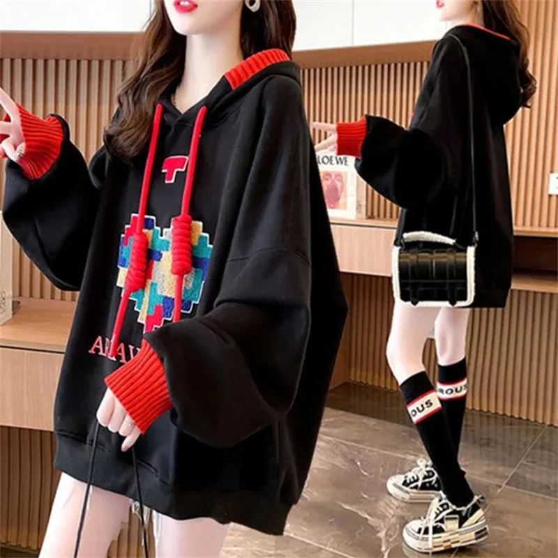 Hong Kong Wind Heavy Industry Embroidery Love Hoodie Thin Early Autumn and Winter Personalized Mid Length Korean Loose Top Women