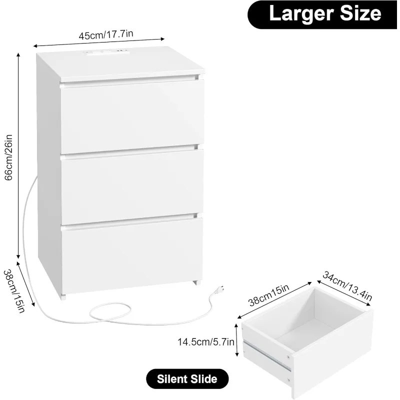 FOTOSOK White Nightstand Set 2, 26" H White Night Stand dengan Stasiun Pengisian Daya, Nightstand Set 2 dengan Port USB & Stopkontak