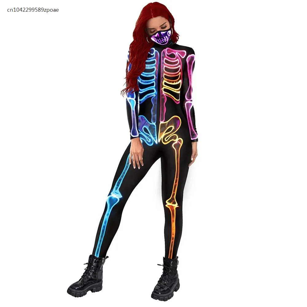 2024 Halloween Cosplay Kostuums Fluorescerende Skelet 3d Print Bodysuits Vrouwen Sexy Slanke Elastische Jumpsuit Lange Mouwen Catsuit