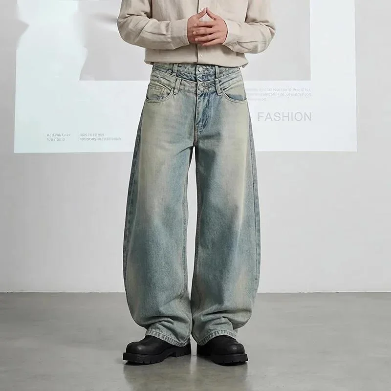 American Style Double Waistband Washed Men's Boot Cut Jeans Spring 2026 New Design Loose Wide Leg Vintage Denim Pants XDNUW