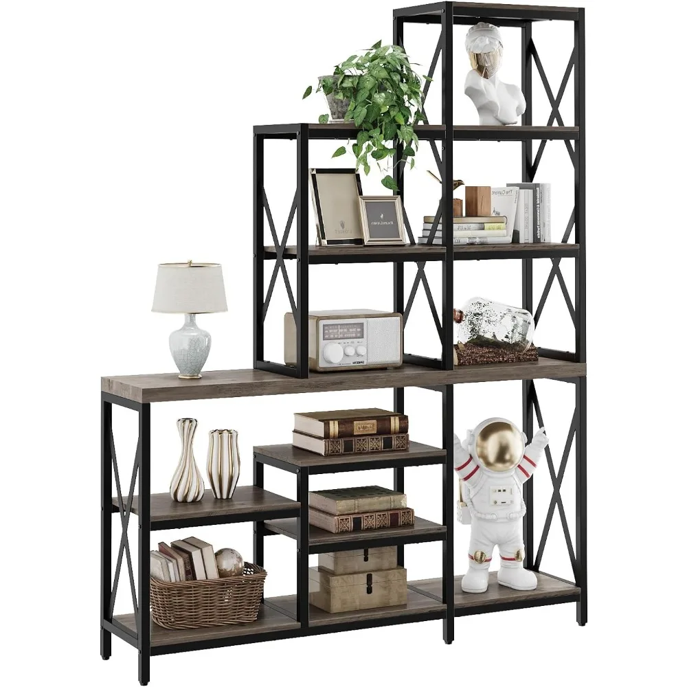 Ladder Boekenkast, 14 Opbergplanken, Woonkamer Boekenkast Met Metalen Frame, Multi-Tier Boekenkast, Moderne Kunst Boekenkasten