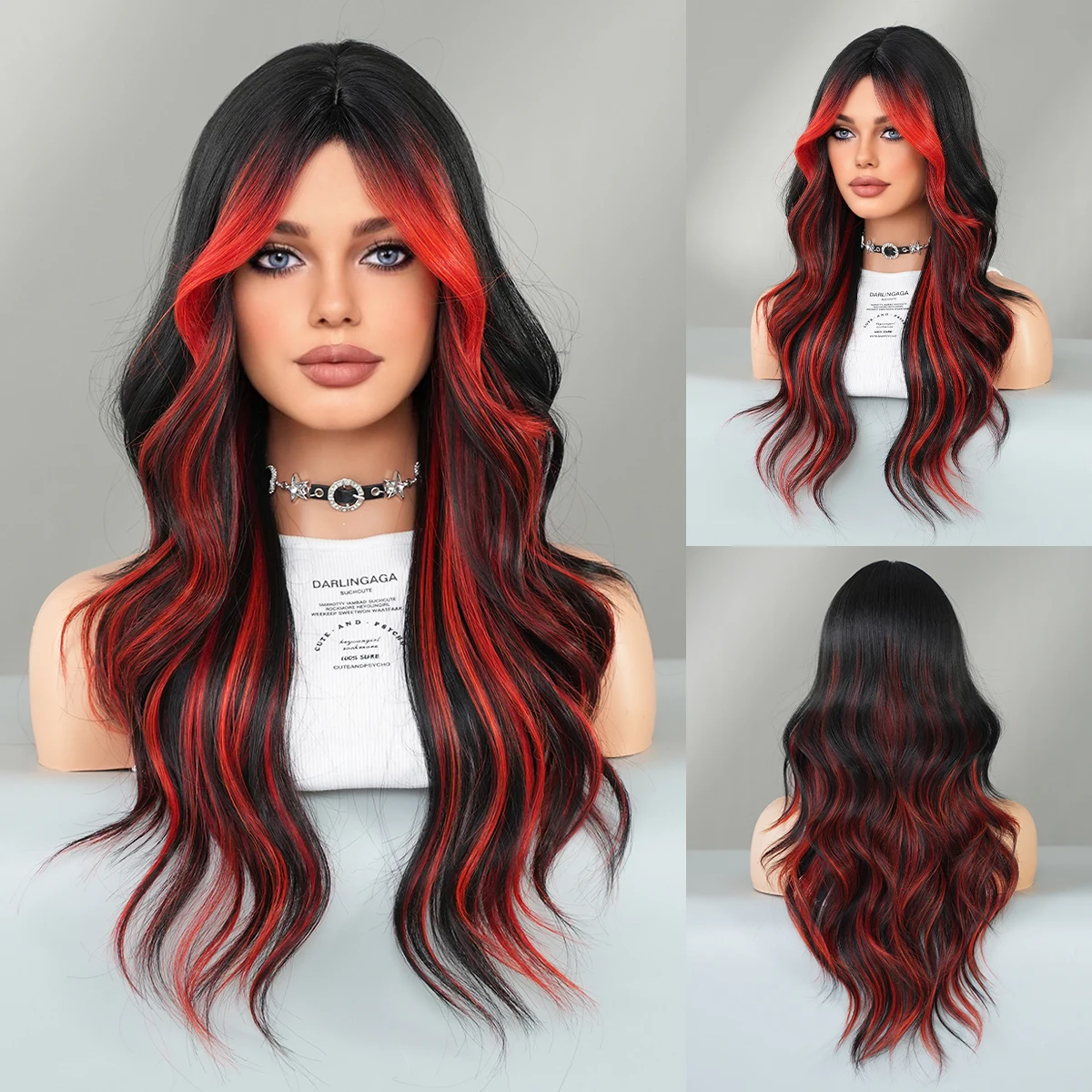 PARK YUN Long Loose Curly Black Highlight Reddish Wigs Middle Part Heat Resistant Synthetic Hair Wigs with Curtain Bangs