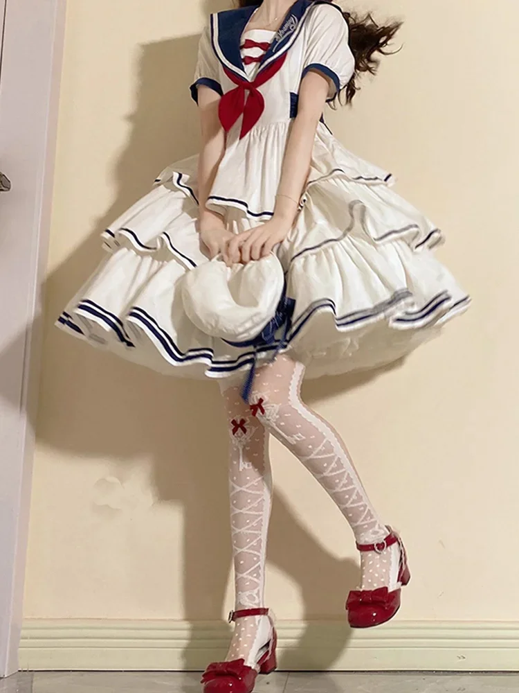 Girls' Lolita Style Elegant Sailor Collar Navy Dress Preppy Style With Short Sleeve White Dress Op Academy Style Daily Skirt