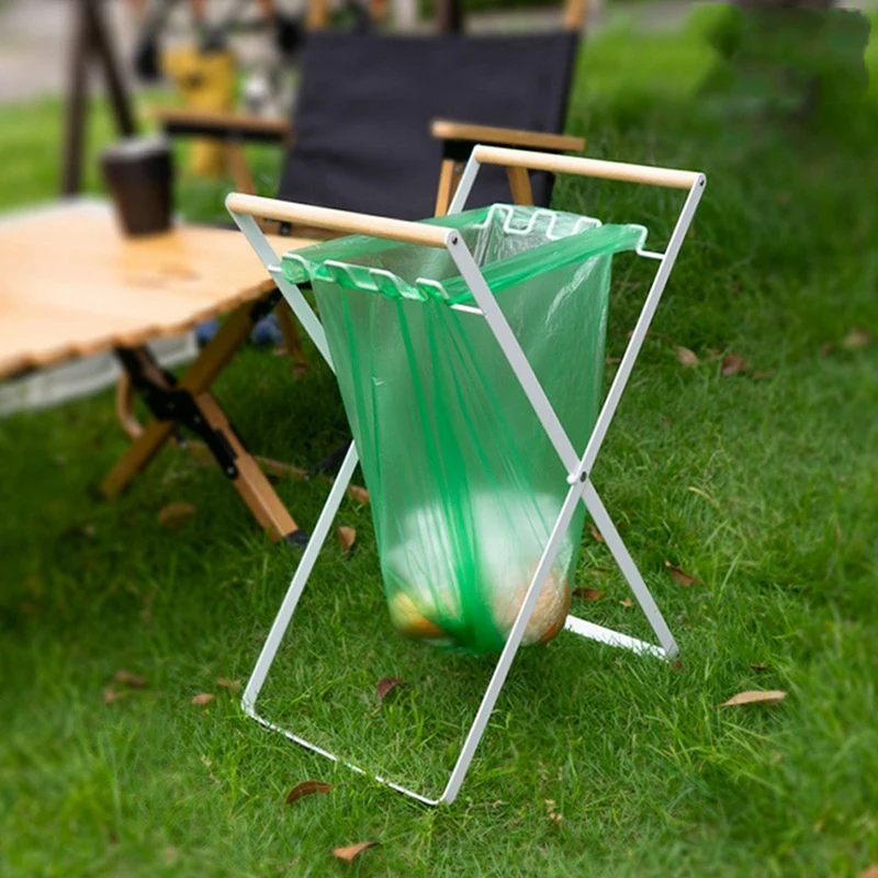 Trash Bag Holder With Wood Handle Portable Kitchen Garbage Sorting Rack Separate Recycling Waste Bin For Camping