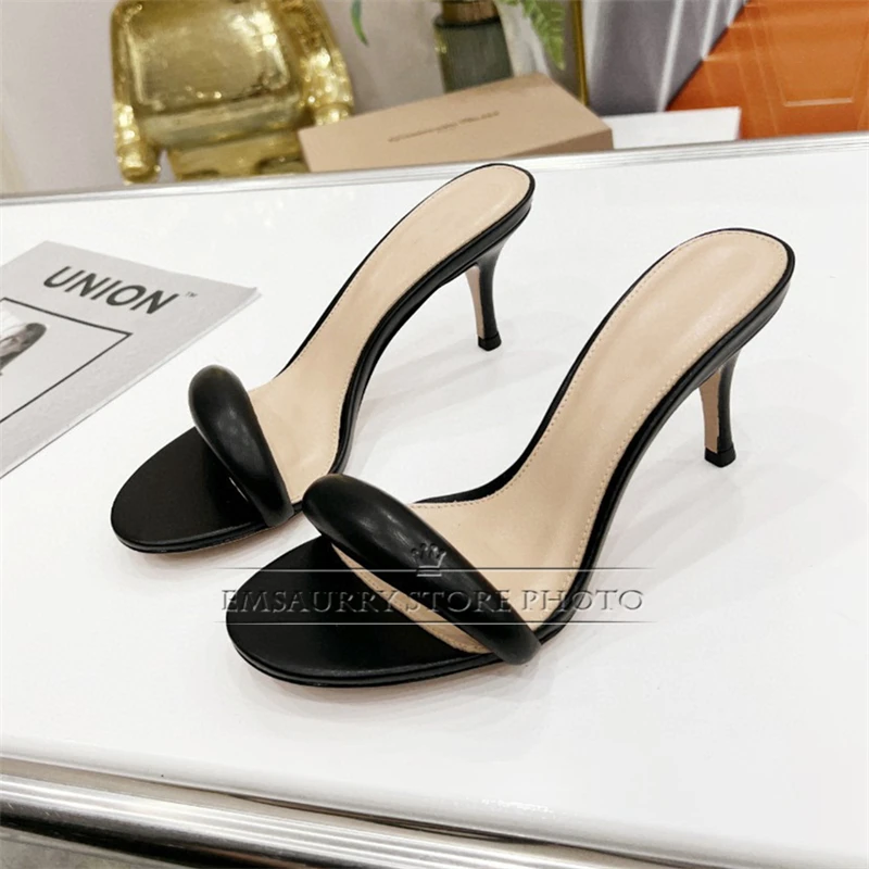 Sexy One-Strap Narrow Band Sandals Women Kitten Heel Slingbacks Genuine Leather Concise Slim Summer Mules For Girls