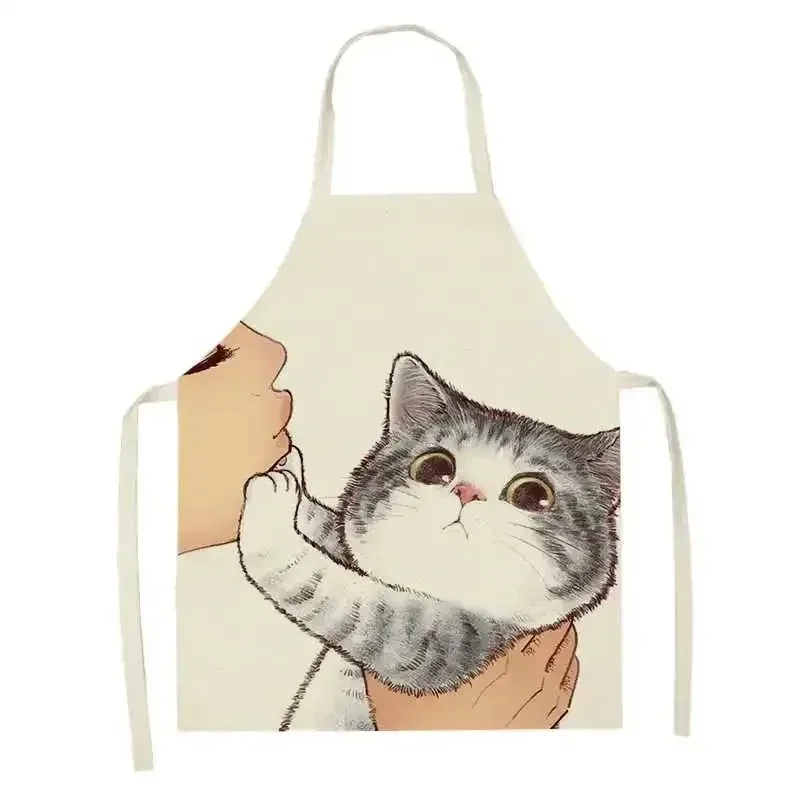 Cute Cartoon Cat Pattern Apron Sleeveless Linen Ladies Apron Household Cleaning Tools Cooking Accessories Kitchen Utensils