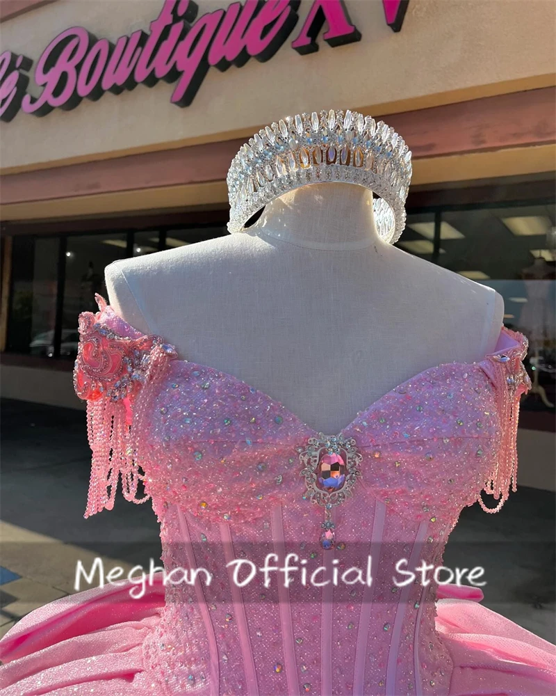 Mexico Roze Sweetheart Quinceanera Jurk Baljurk Kralen Jurken 2024 Vrouwen Kwastje Boog Verjaardagsfeestje Jurk Sweet 15 Aangepast