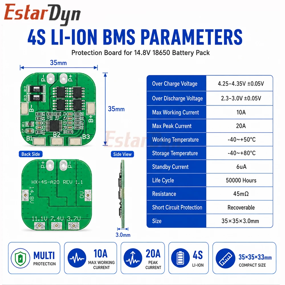 Estardyn 4S 14.8V 16.8V 20A Peak Li-ion BMS PCM Protection Board for 18650 LiCoO2 LiMn2O4 Battery Pack