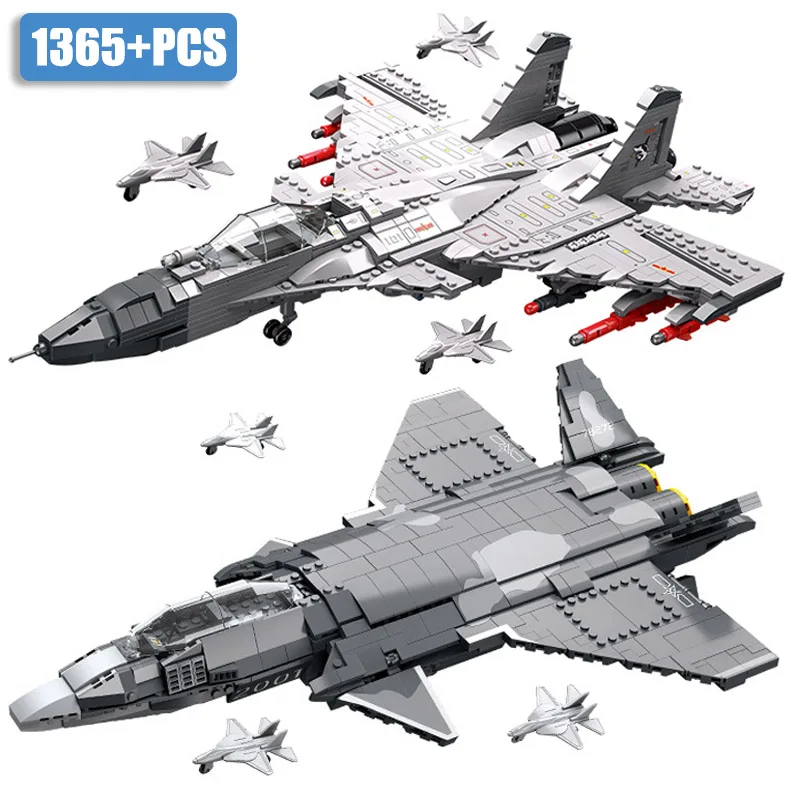 WW2 Military Army MOC J-15 J-20 Fighter Jet Model Building Blocks DIY Assemble Airplane Weapon Bricks Toys For Children Gifts