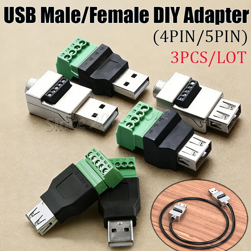 

3PCS/LOT USB 2.0 Solderless Adapter A-type Male/female To 4-pin/5-pin Screw Terminal Board Plug, Suitable For DIY Free Assembly