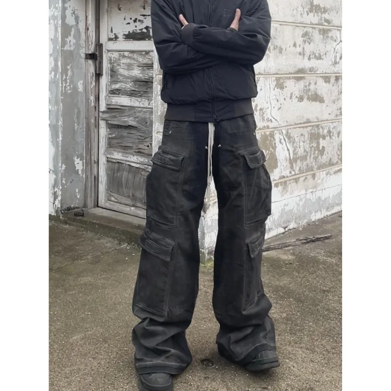 High Street Drawstring Zipper Cut‑Out Wide Leg Cargo Pants Men's Casual Straight Trousers Washed Grey Vibe Style Denim Pants