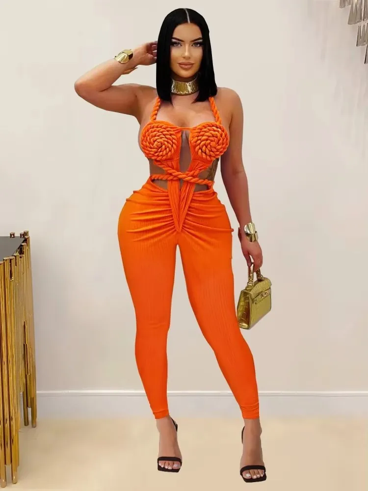 

Joskaa Knitted Hemp Hollow Out Irregular Jumpsuit Sexy Halter Backless Bandage Ruched Skinny One Piece Rompers Clubwear Overalls