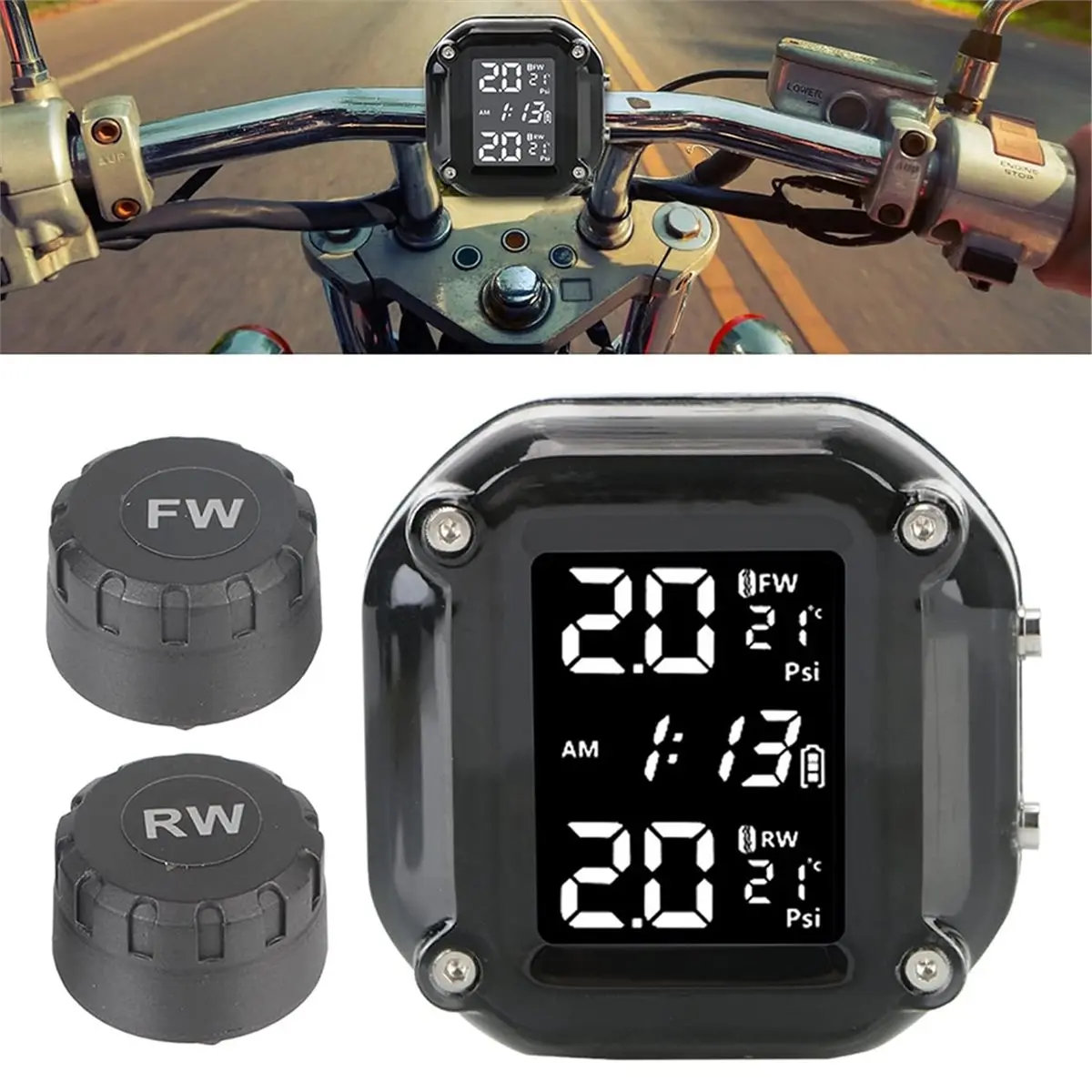 Compatible Motorcycle Tire Pressure Monitoring System with LCD Display and Real-Time Alerts