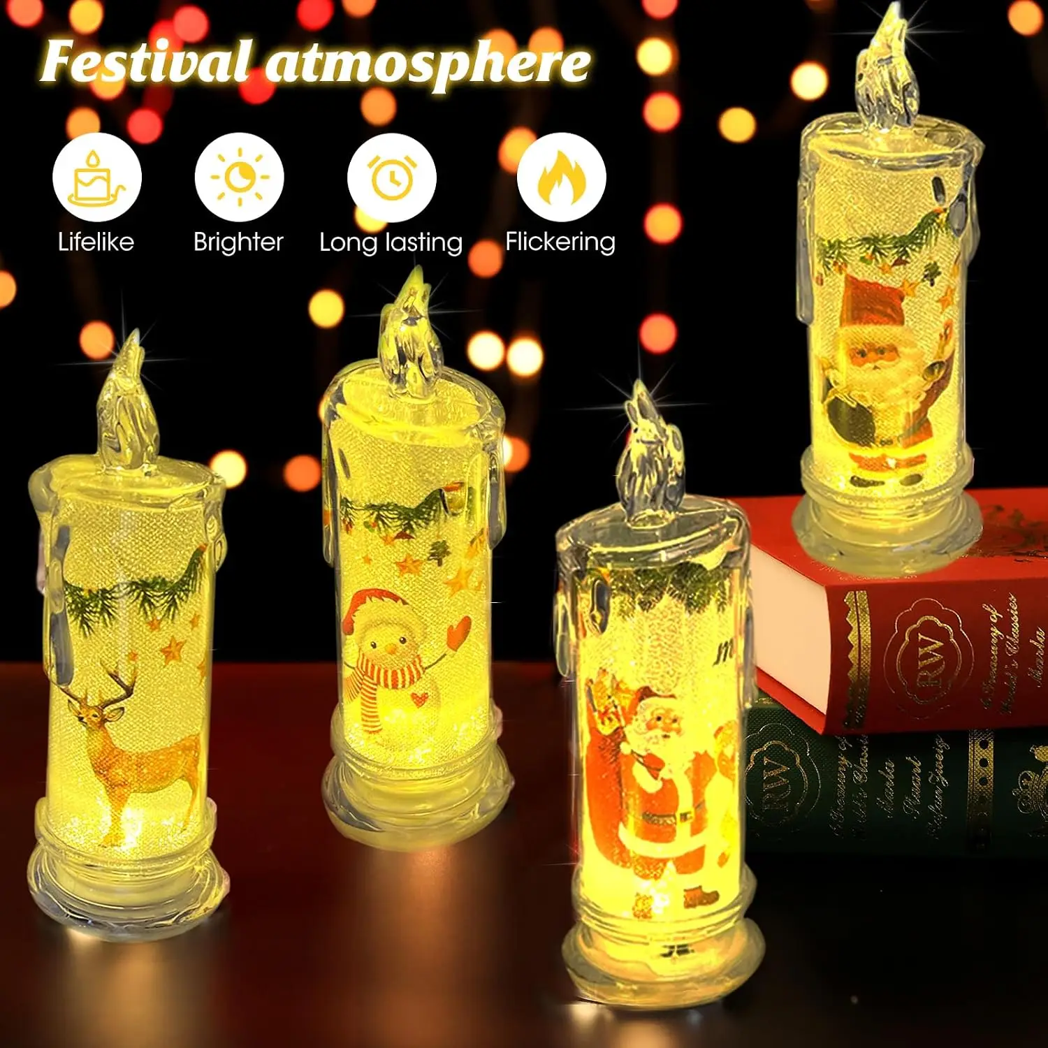 Electronic Candle Christmas Decoration Transparent Built-in Printed LED Simulation Flameless Candle Ambient Lighting Xmas Gift