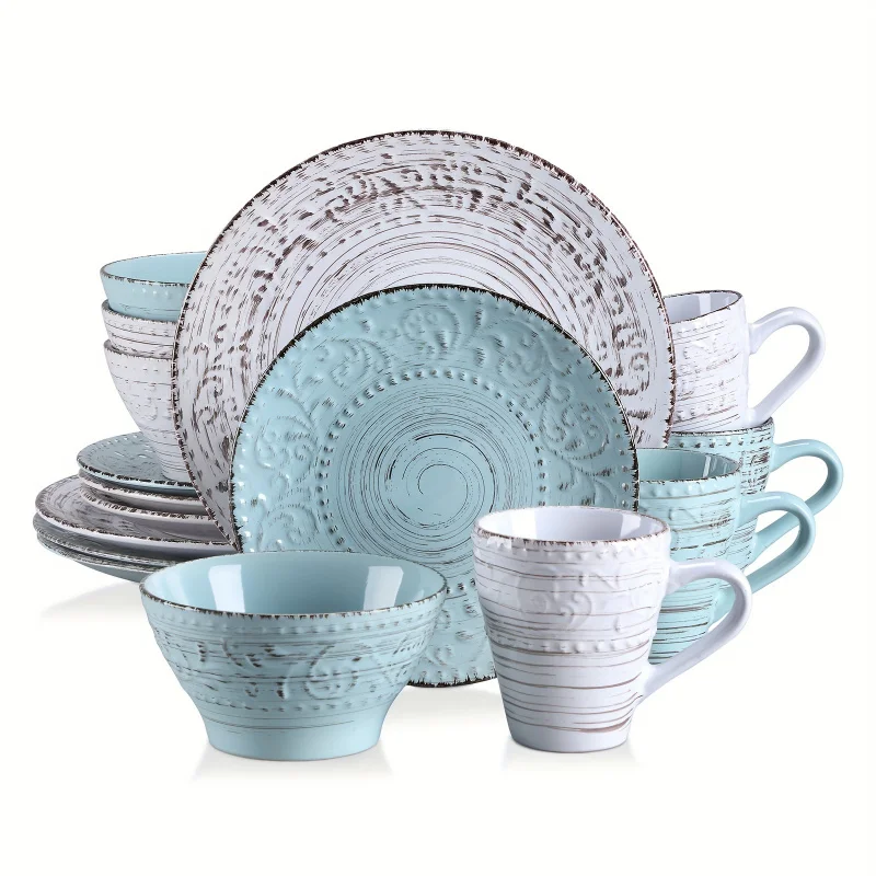 

"16-Piece Deluxe Ceramic Tableware Set - Embossed Pattern, Microwave, Dishwasher Safe, Blue and White Plates and Bowls Total of