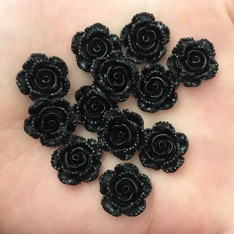 40Pcs 14mm Resin Black Rose Flatback Flower Stone Gems Scrapbook Wedding Ornaments Applique Crafts DIY SD737