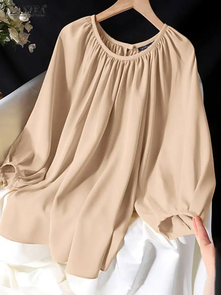 ZANZEA Elegant Satin Women Blouse Vintage Lantern 3/4 Sleeve Tops Tunic 2024 Summer Round Neck Blusas Korean Solid Pleated Shirt