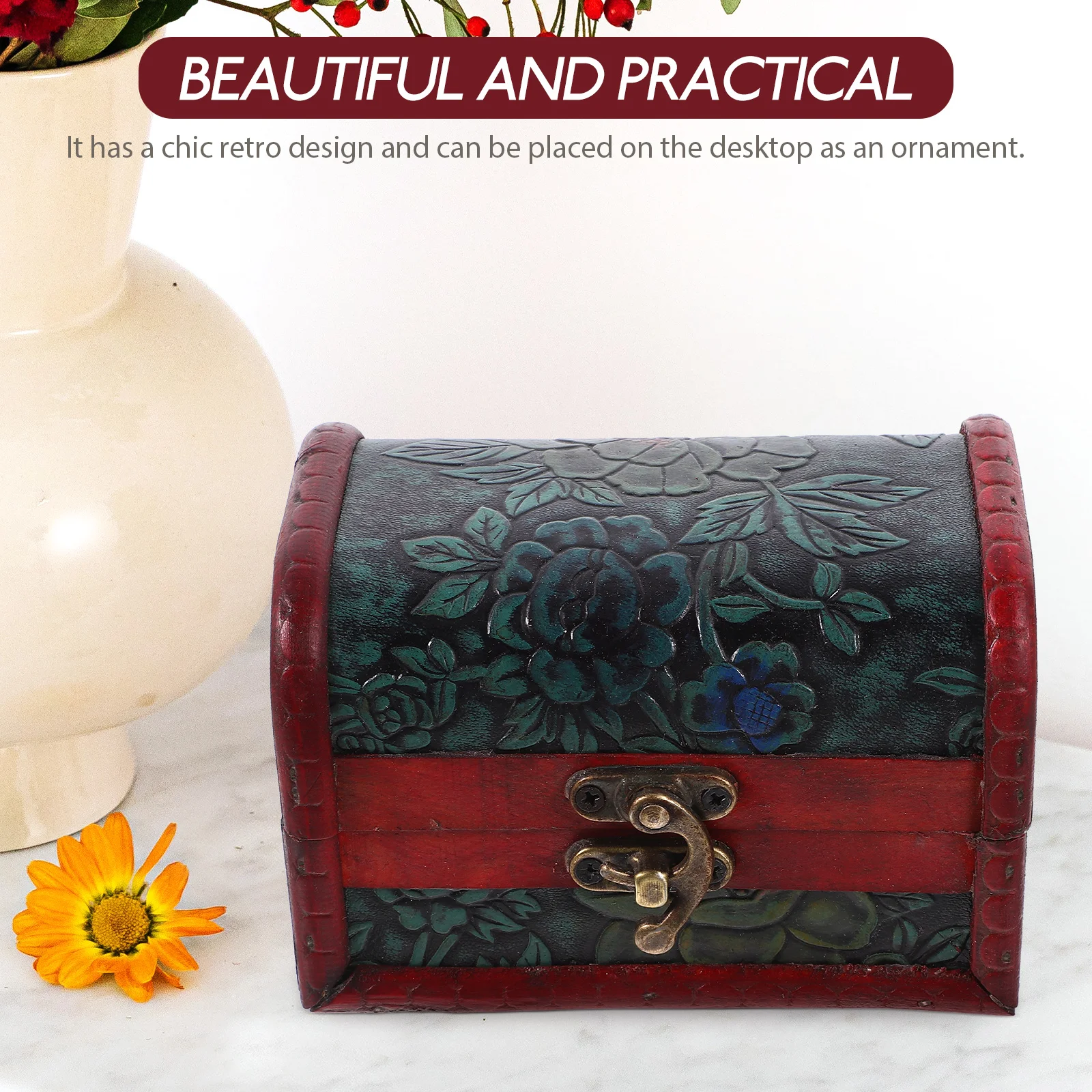 

Wooden Storage Box Retro Tea Flower Design Small Size Leaf Yellow Color Jewelry Organizer PropVintage Style Wood Chest