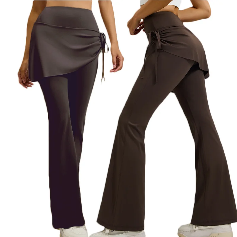 PofyBofy Drawstring Side Fitness Soft Flared Sports Pants High Waist Tummy Control Bell Bottom Yoga Leggings Gym Skirted Legging