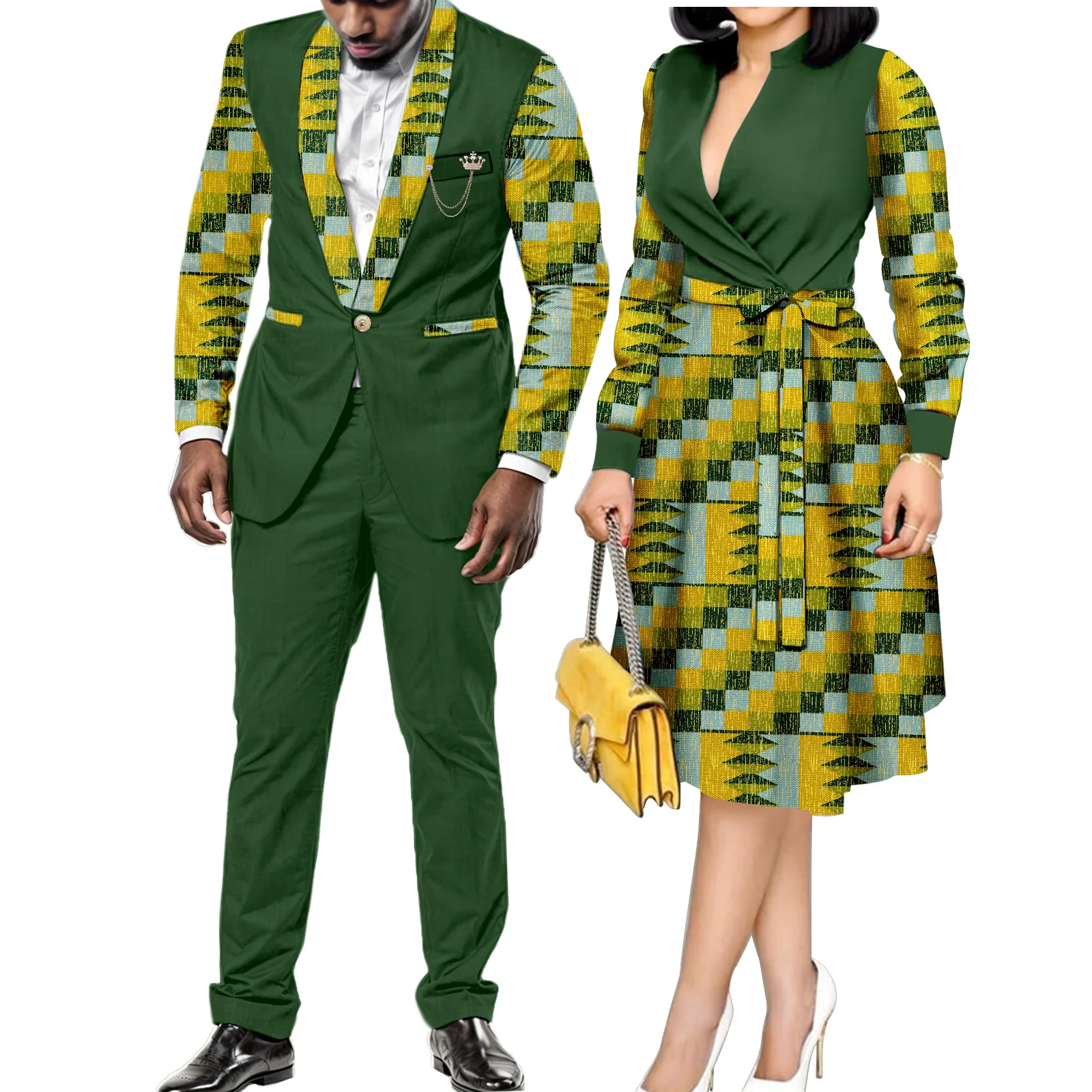 

African Suits for Couples Kente Print Dresses Ankara Clothes for Women or Dashiki Men 2 Pieces Suits Sets