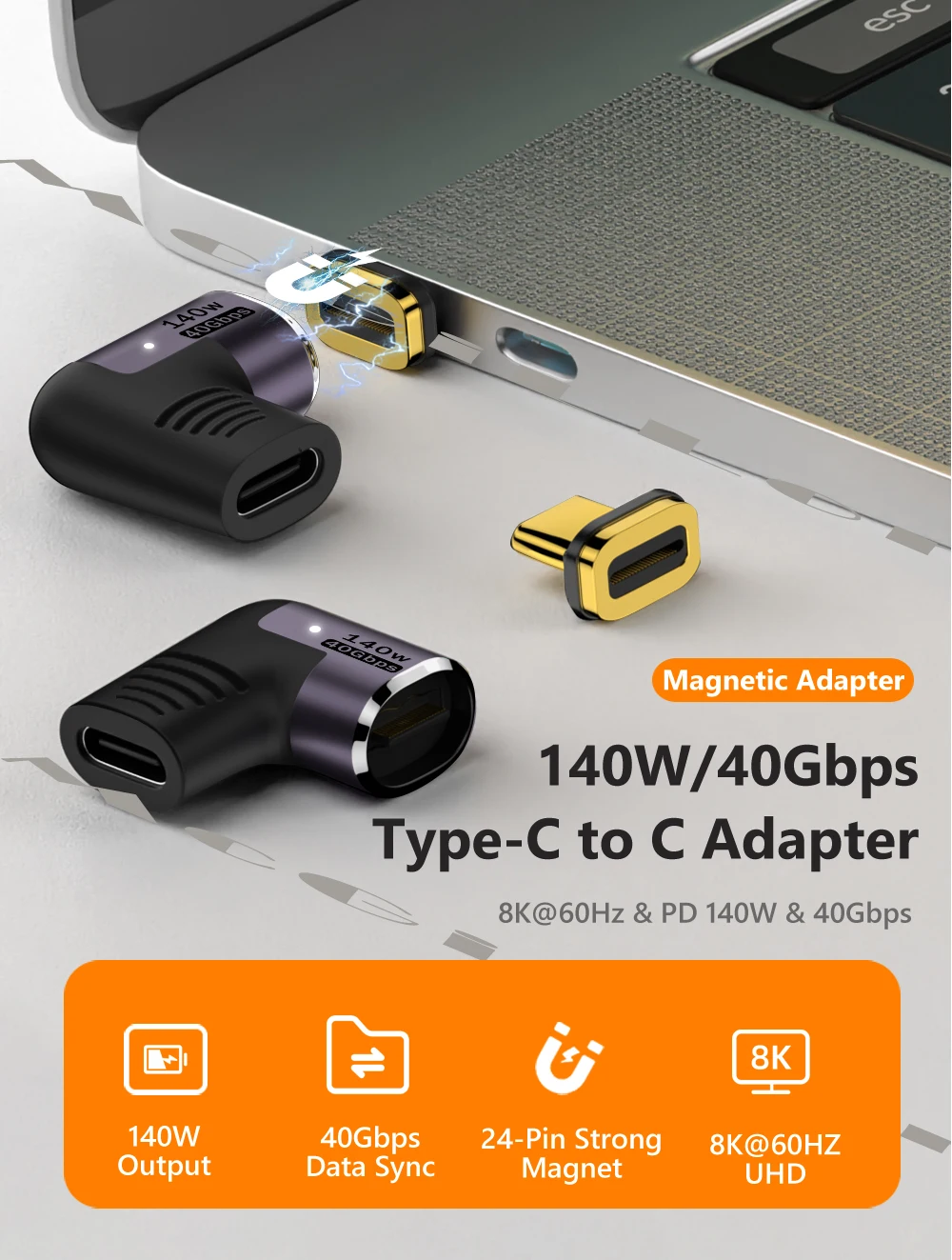 140 W magnetischer USB 4.0 Typ-C OTG-Adapter 40 Gbit/s Legierung Thunderbolt3 Schnellladung 8K@60HZ Vedio-Konverter für MacBook Phone Ipad – Detail 1