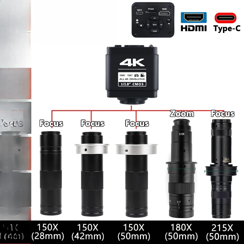 Ultra 4K Digital Microscope Camera For Electronics, imx678 Sensor Industrial Camera With 150X 215X Focusing Lens 180X Zoom Lens