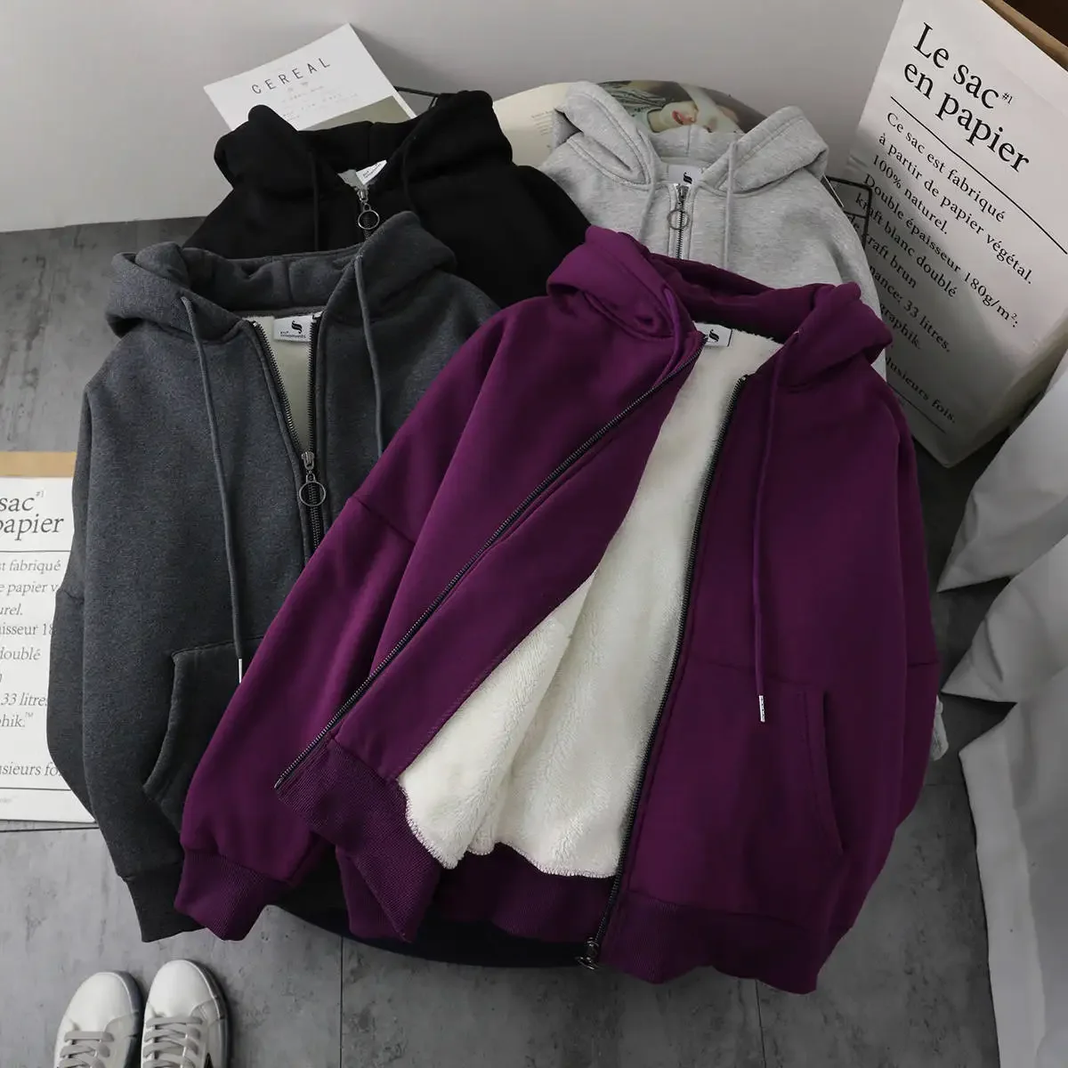 Cardigan en laine d'agneau avec fermeture éclair pour femme, veste ample à capuche de couleur unie, manteaux courts épais, automne et hiver