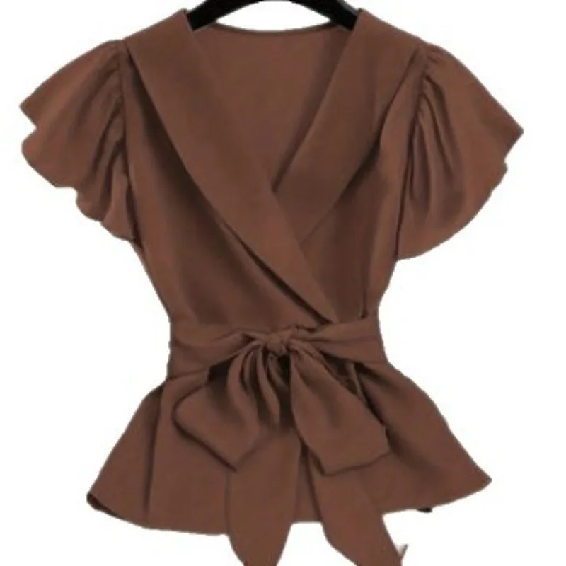 

Women's Fashion French V-neck Ruffled Women's Casual Lace-up Waist Top Small Fly-sleeve Shirt Has An Elegant Temperament