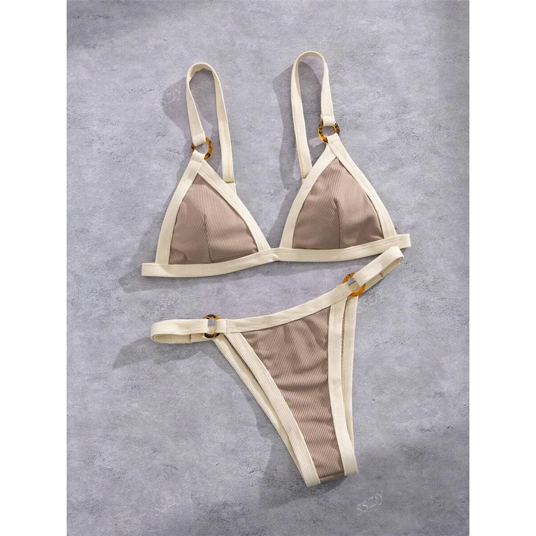 Gestreifter Bikini mit Riemchen, Damen-Badebekleidung, zweiteiliger Bikini-Set, hoch geschnittene Beine, gepolsterter Badeanzug, Badebekleidung, Schwimmbekleidung V7694 – Detail 3