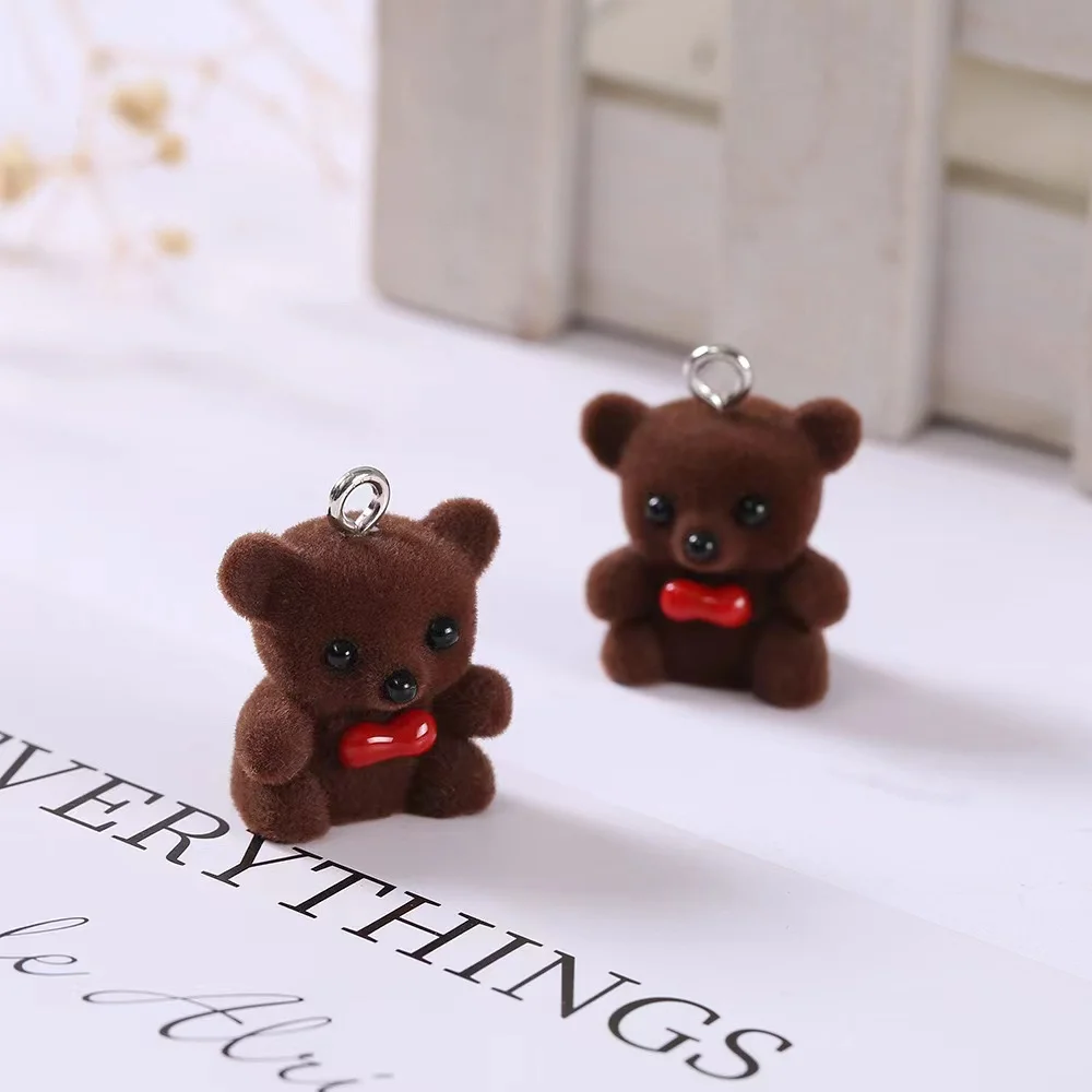 30pcs Flocking resin Animals Doll Charms lovely Sitting Bear pendant For making diy necklace Keyring Mobile phone chain fittings