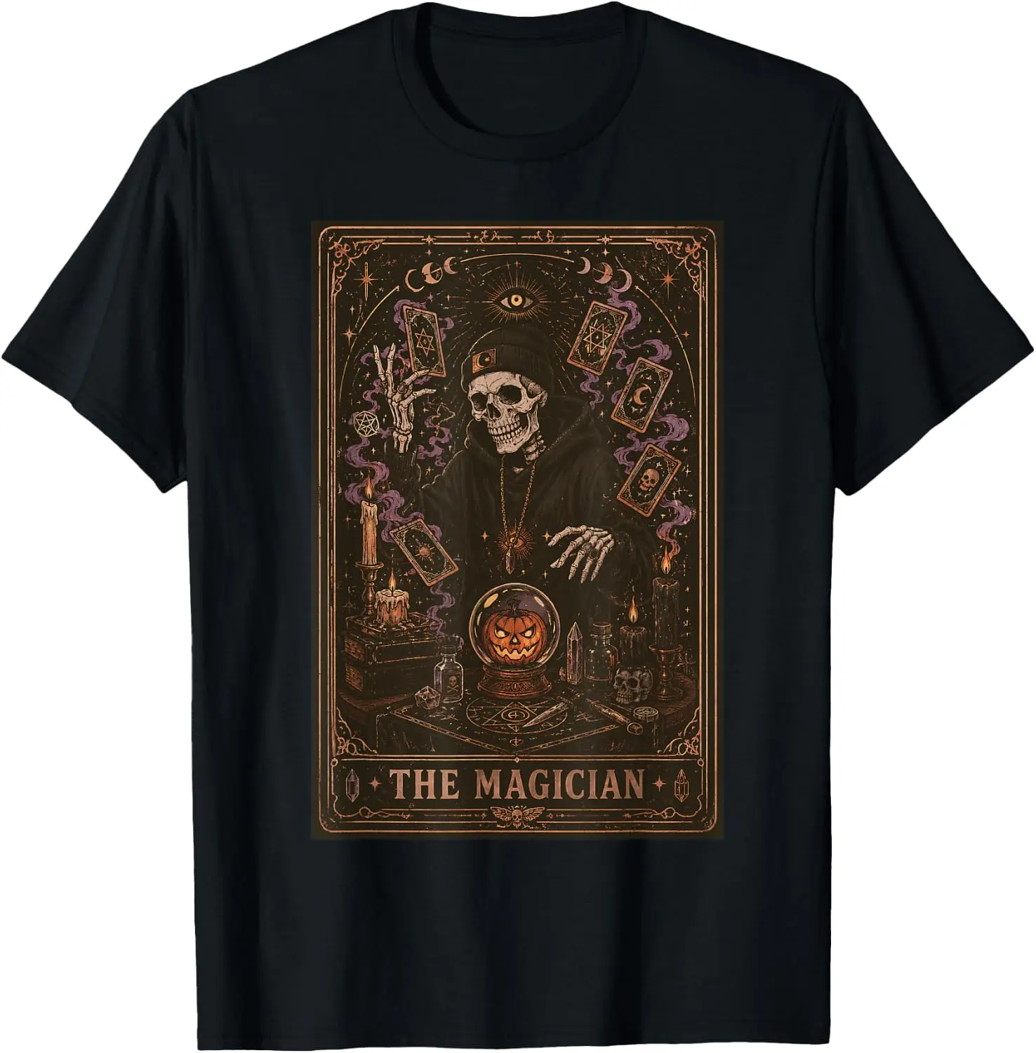 Halloween Tarot Card Magician Skeleton Pumpkin Vintage Men T-Shirt 100% Cotton Trendy Y2K Short-Sleeve Tee-Soft, Quick-Drying,