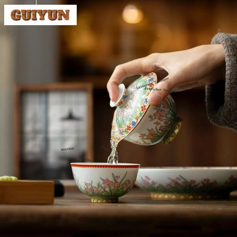 110ml Decal Daffodil Gaiwan Elegant Tea Tureen Household Tea Bowl With Lid Kit Tea Maker Cover Bowl Cha Accessories Decoration