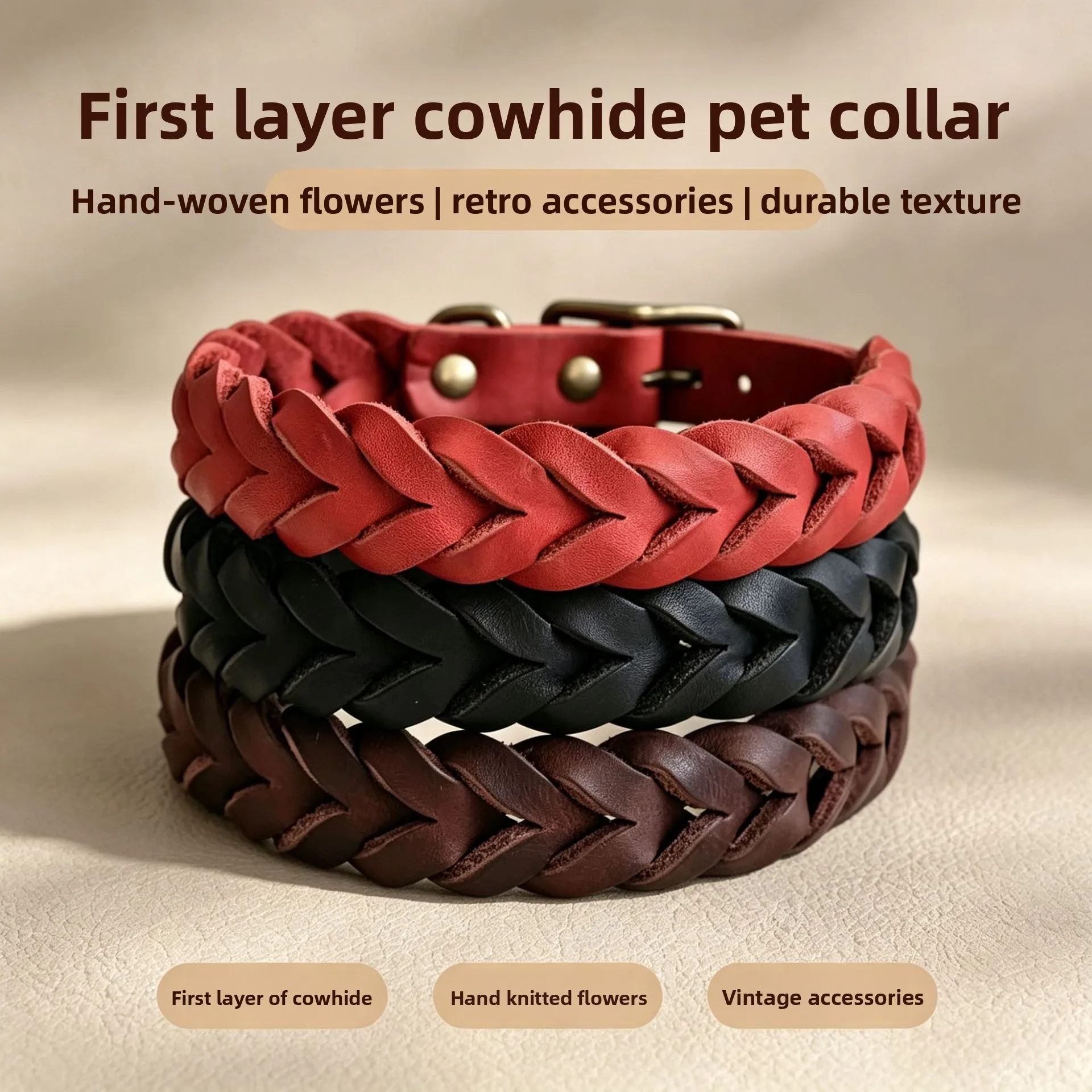 Retro genuine leather dog collar, soft cowhide, hand woven flower green antique copper, medium to large size dog