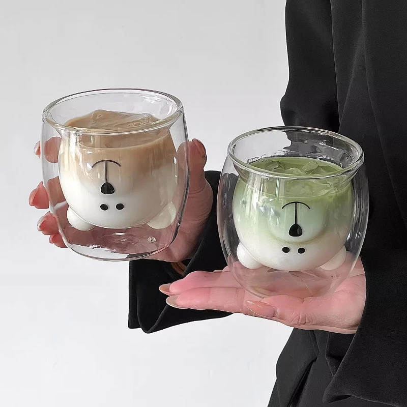 

LTT Double Heat Resistant Cute Bear Glass Latte Coffee Cup Juice Milk Cup Household